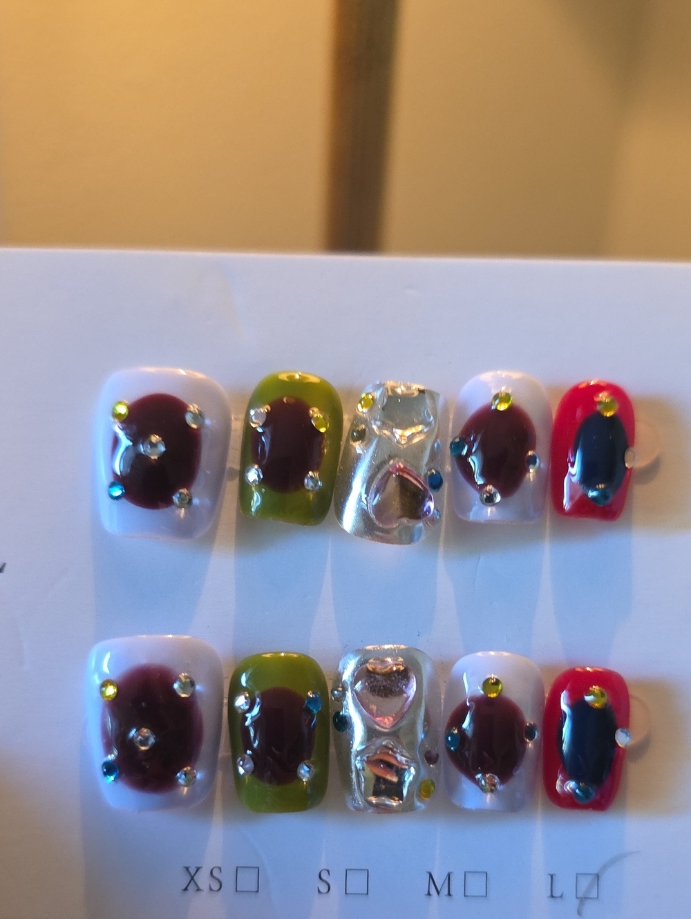 Decorative Press-On Nail Set with Multicolor Gems - 10-Pack Size Large